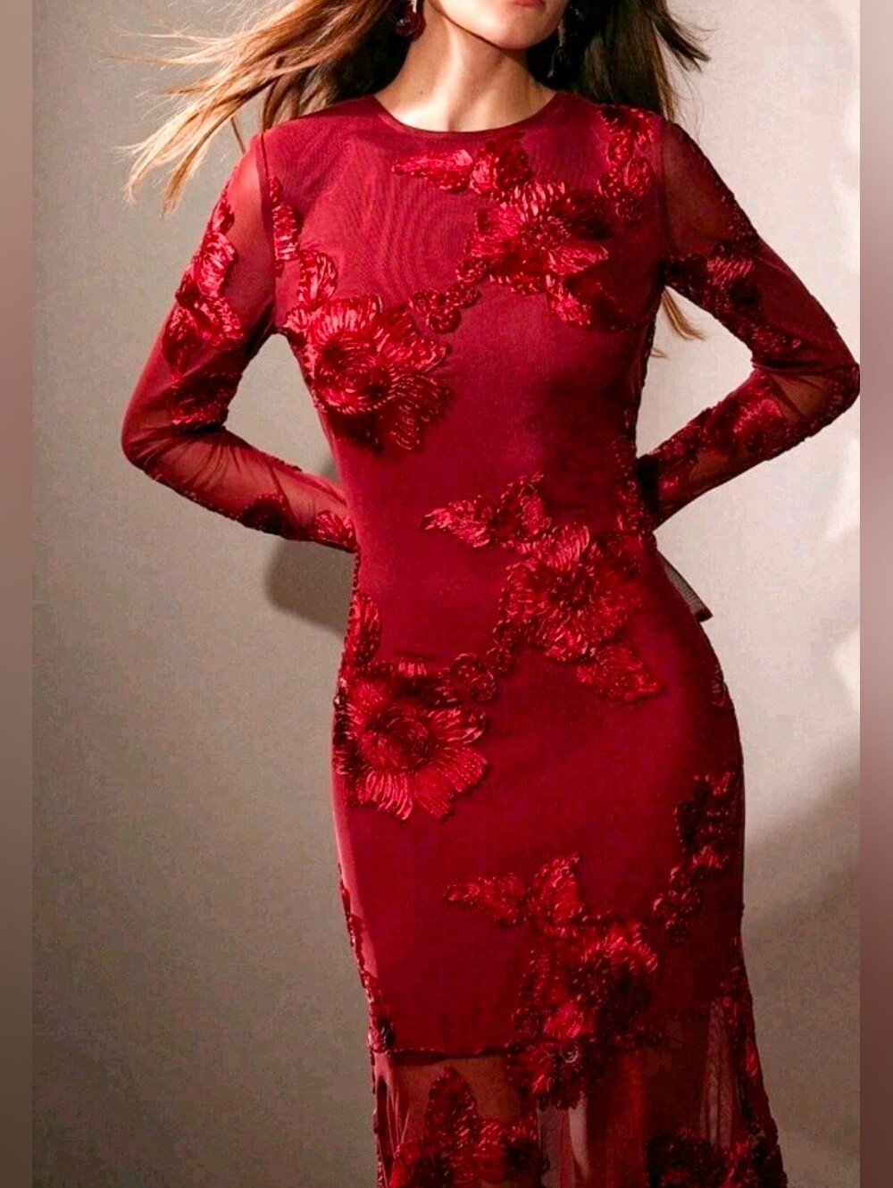 New Luxe Embroidered Sheer Floral Mesh Bodycon Mermaid Dress Red - Picture 2 of 15